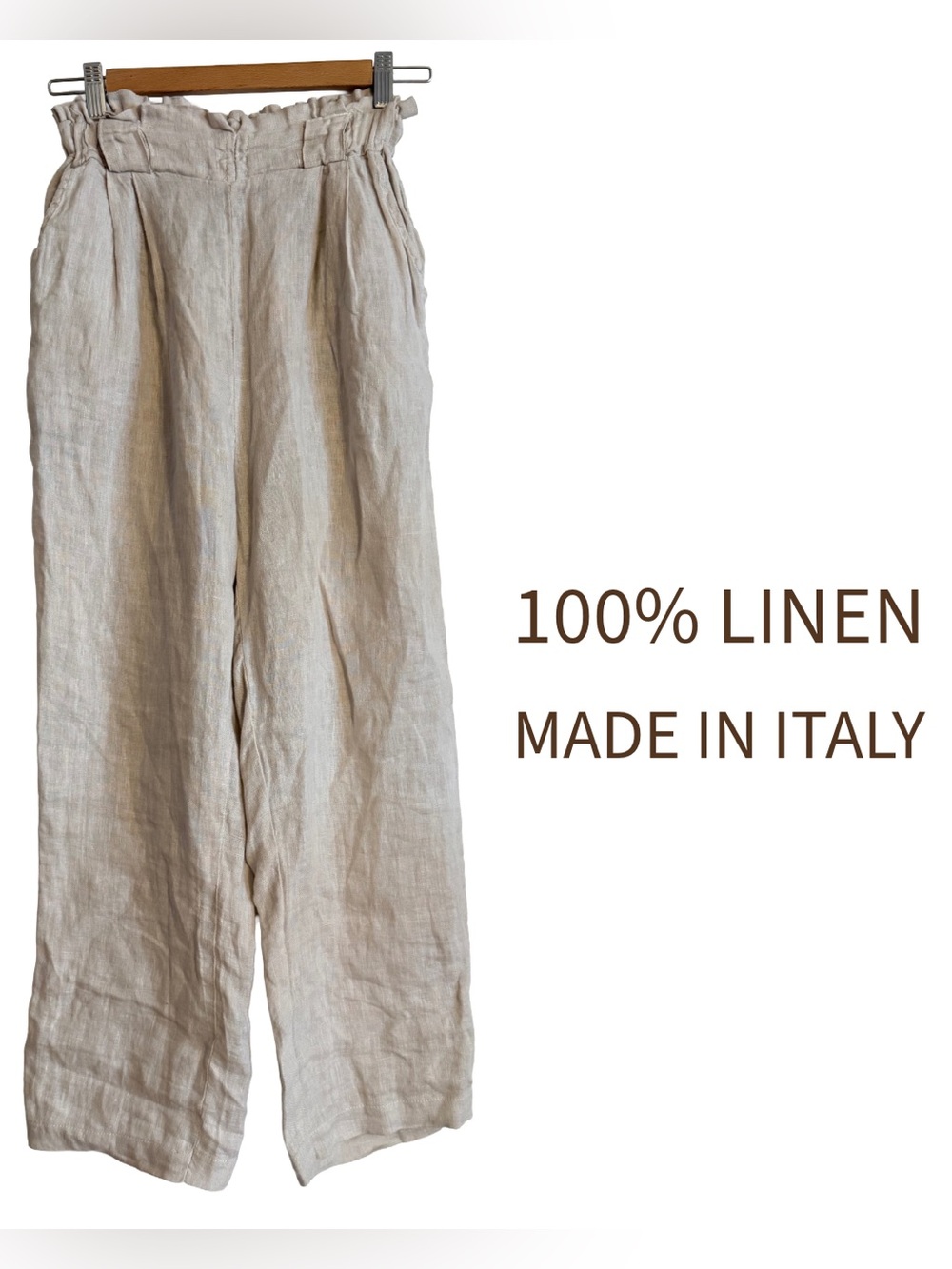 Made in Italy 100% Linen Cropped Trousers | Cool Beige | High Waist with Pockets